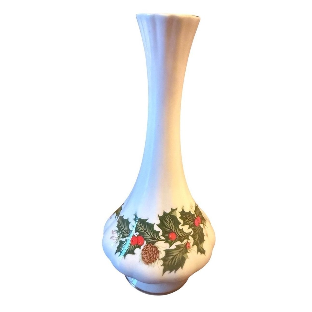 Queens Rosina Yuletide Holly Bud Vase China England Gold Trim
